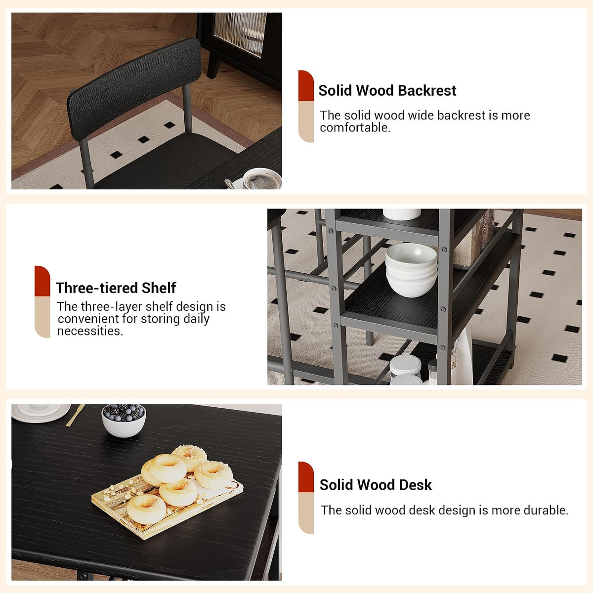 3-Piece Small Bar Table and Chairs Set for 2,Small Dining Table with 2 PU Cushioned Stools,3 Storage Shelves, Space Saving Kitchen Table Set for Breakfast Nook, Apartment, Bistro,Black.