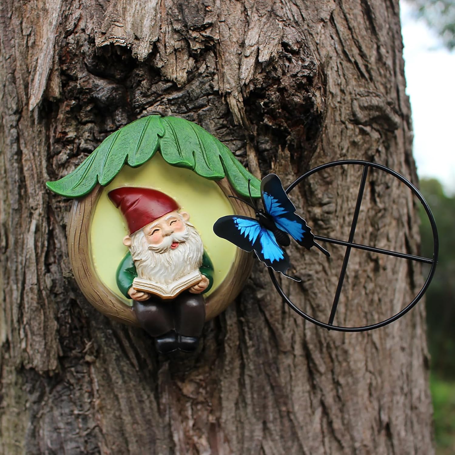 Resin Garden Gnome Statue Outdoor, Luminous Fairy Garden Gnome Reading Book Figurine and Butterfly Decoration 4.73in Luminous Elf Peeker Yard Art Sculpture Home Decor for Patio Yard Mother