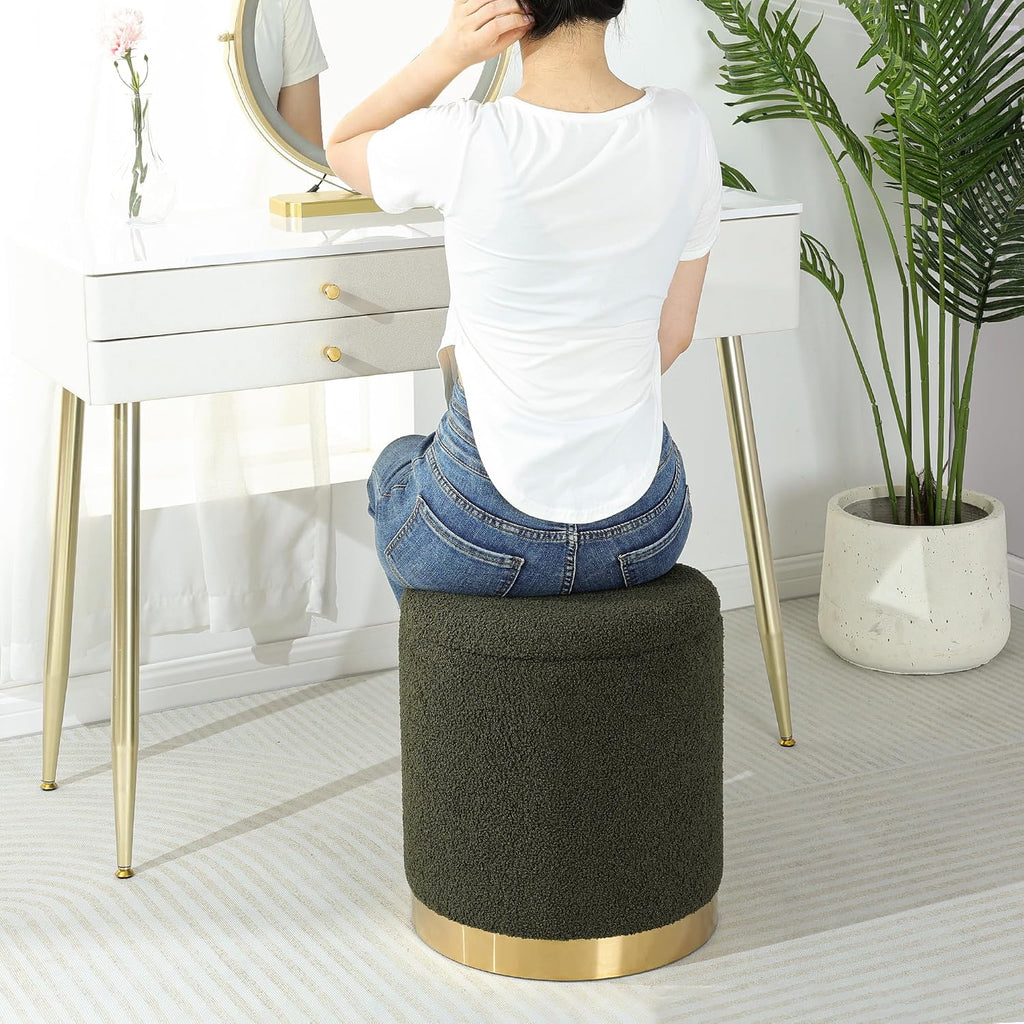 Joveco Boucle Round Ottoman with Storage,Vanity Stool with Storage for Bedroom, Ottoman Coffee Table,Small Boucle Foot Stool for Living Room, Dark Moss Green with Gold Plating