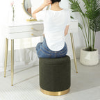 Joveco Boucle Round Ottoman with Storage,Vanity Stool with Storage for Bedroom, Ottoman Coffee Table,Small Boucle Foot Stool for Living Room, Dark Moss Green with Gold Plating