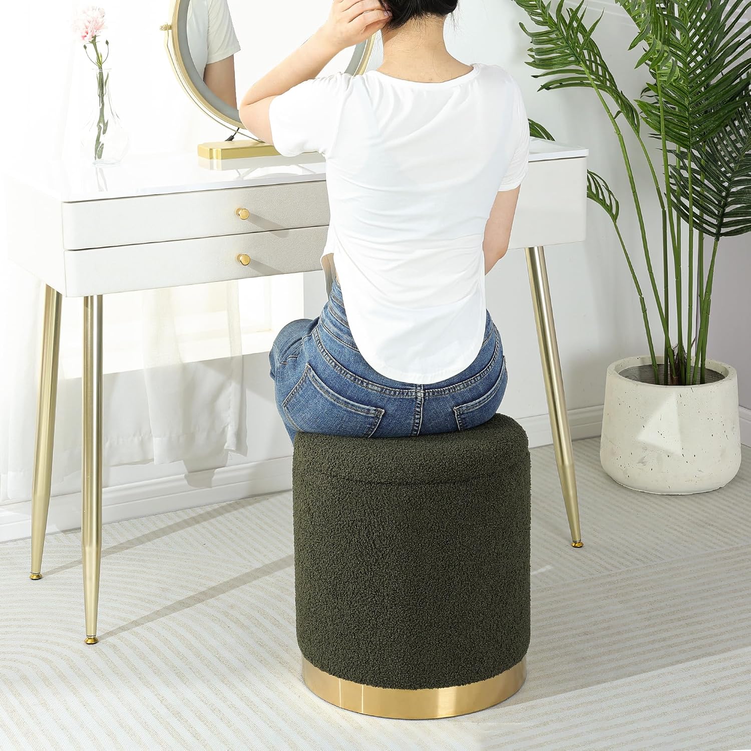 Joveco Boucle Round Ottoman with Storage,Vanity Stool with Storage for Bedroom, Ottoman Coffee Table,Small Boucle Foot Stool for Living Room, Dark Moss Green with Gold Plating