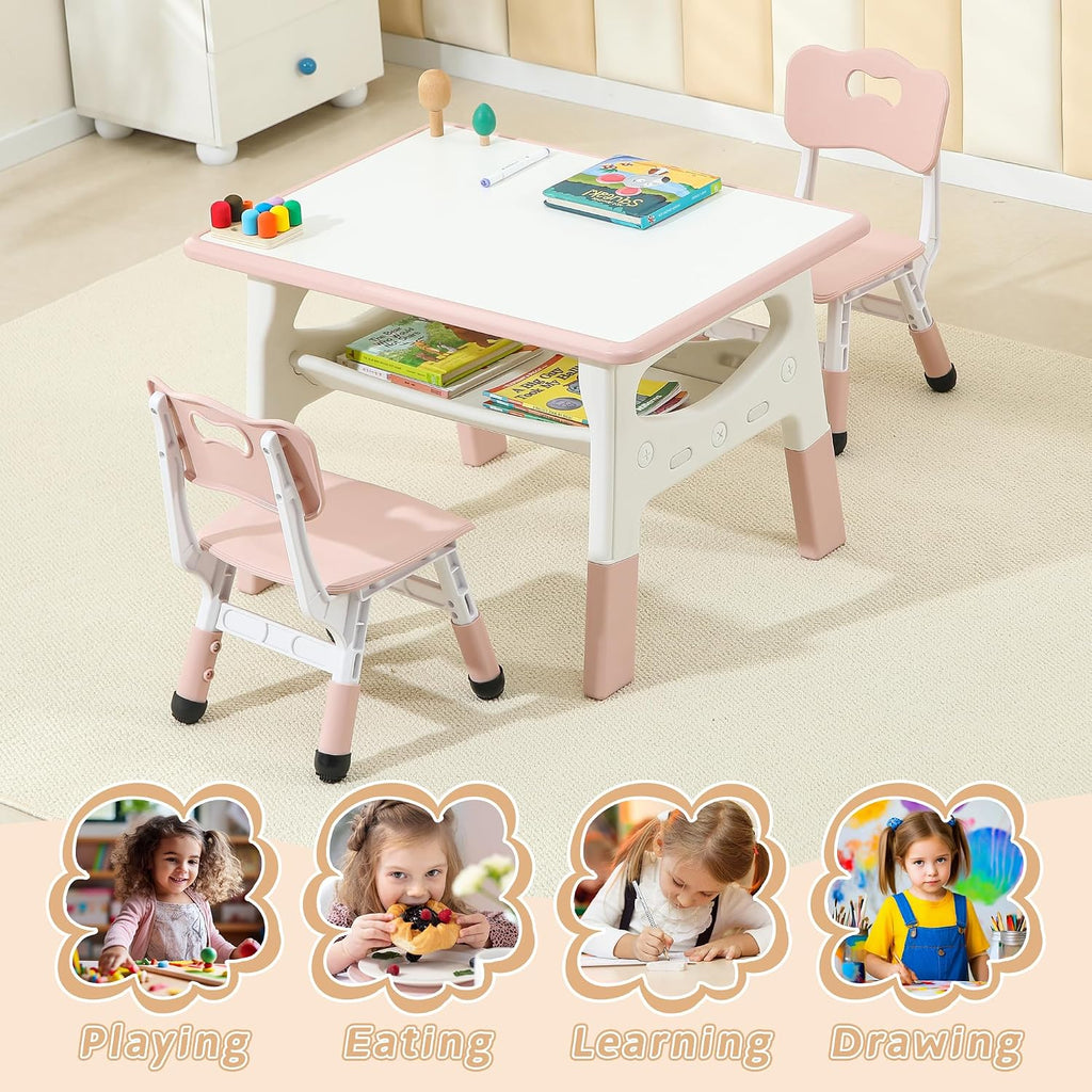 Kids Table and Chairs, Height Adjustable Toddler Table and 2 Chairs, Multi-Activity Kids Table Set with Graffiti Desktop, Built-in Storage, Ages 3-8