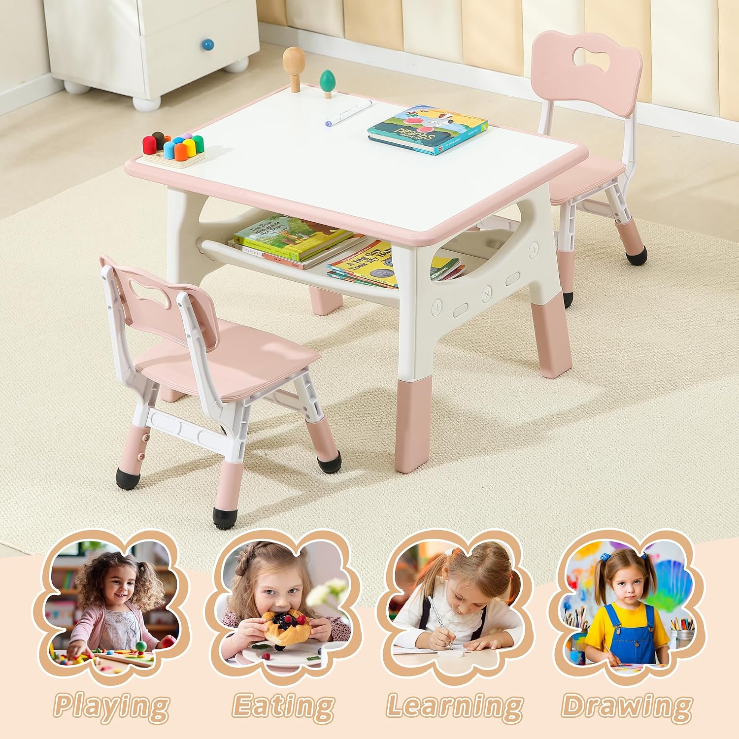 Kids Table and Chairs, Height Adjustable Toddler Table and 2 Chairs, Multi-Activity Kids Table Set with Graffiti Desktop, Built-in Storage, Ages 3-8