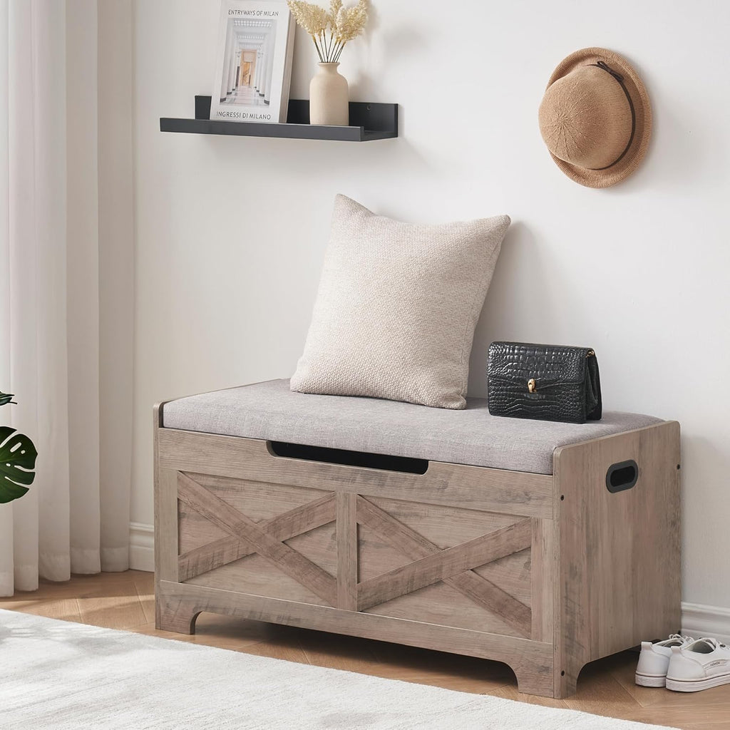 GAOMON Storage Chest, Lift Top Storage Trunk with 2 Safety Hinges, Barn Style Organizer, Wooden Entryway Bench with Seat Cushion, Large Storage Chest for Entryway, Bedroom, Living Room