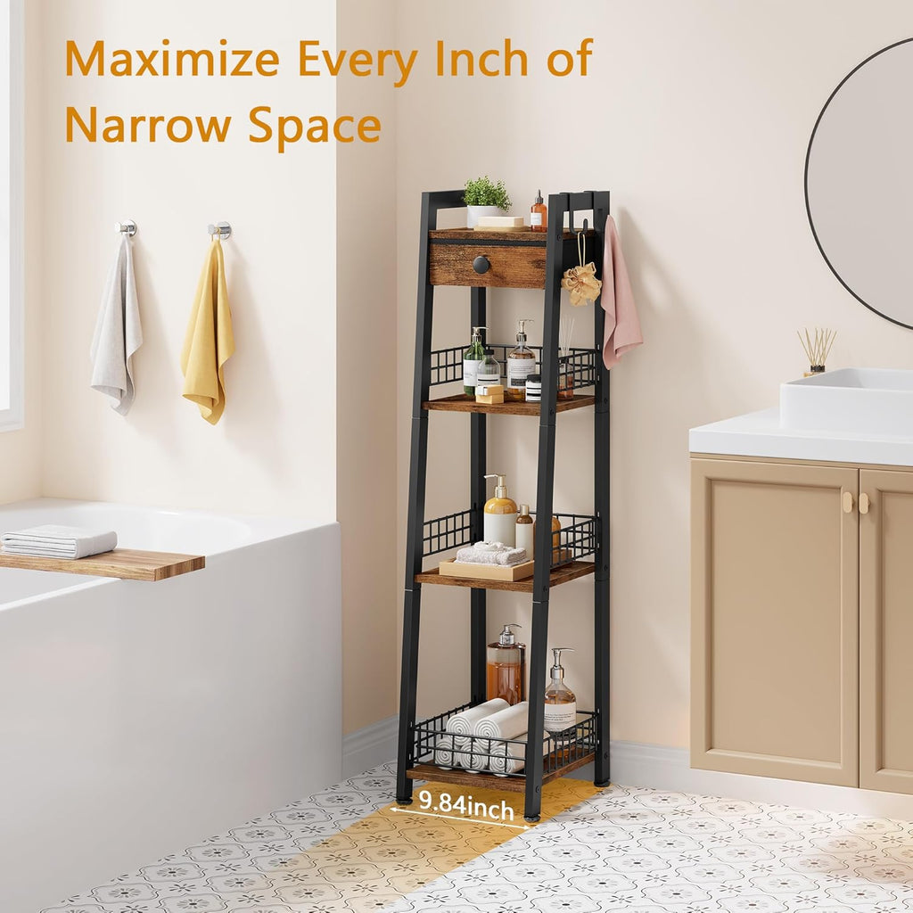 Gewudraw 4-Tier Narrow Ladder Shelf with Drawer, Bathroom Table Stand for Small Space, Narrow Bathroom Standing Shelves with Storage for Living Room Bedroom Kitchen, Organizer Shelf, Rustic Brown