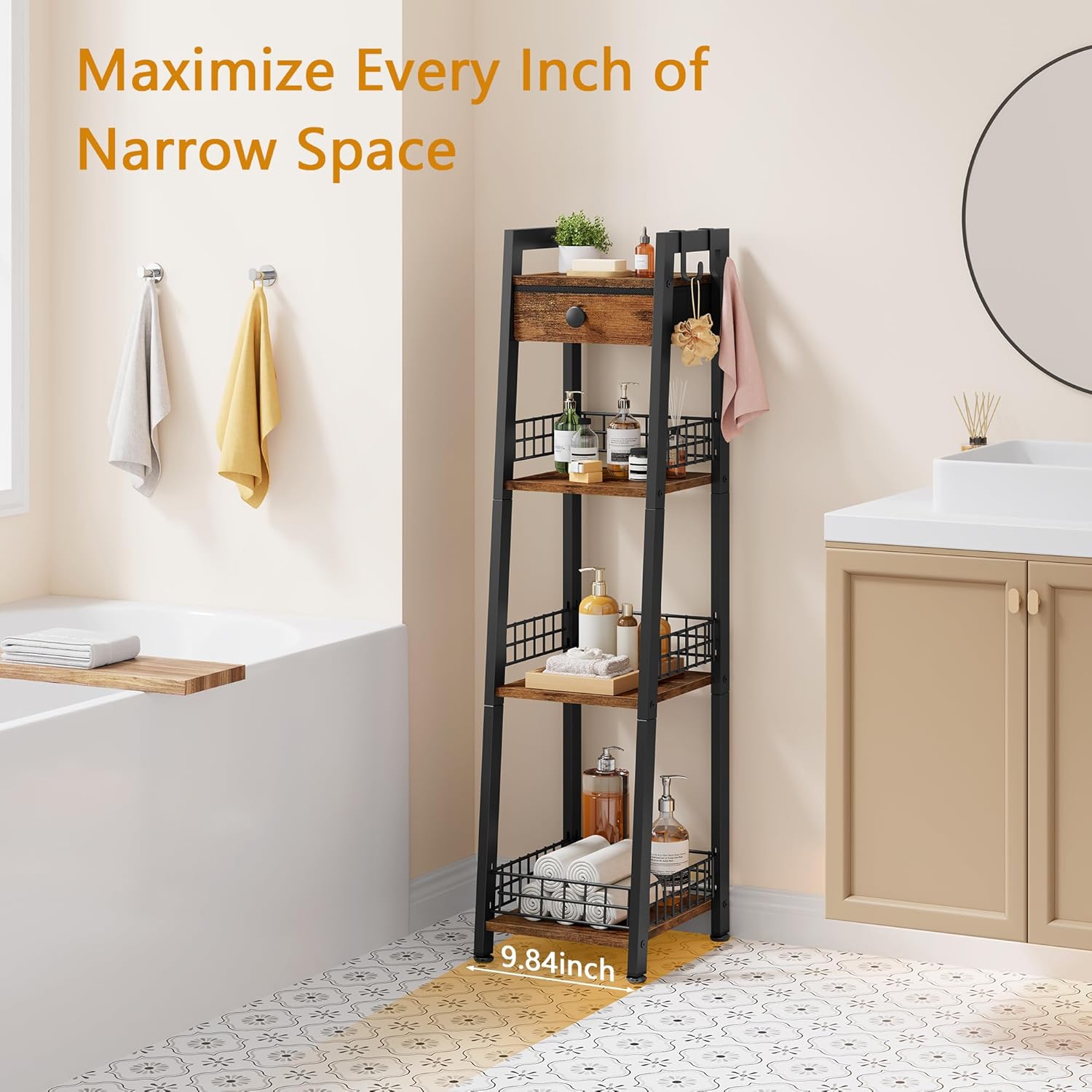 Gewudraw 4-Tier Narrow Ladder Shelf with Drawer, Bathroom Table Stand for Small Space, Narrow Bathroom Standing Shelves with Storage for Living Room Bedroom Kitchen, Organizer Shelf, Rustic Brown