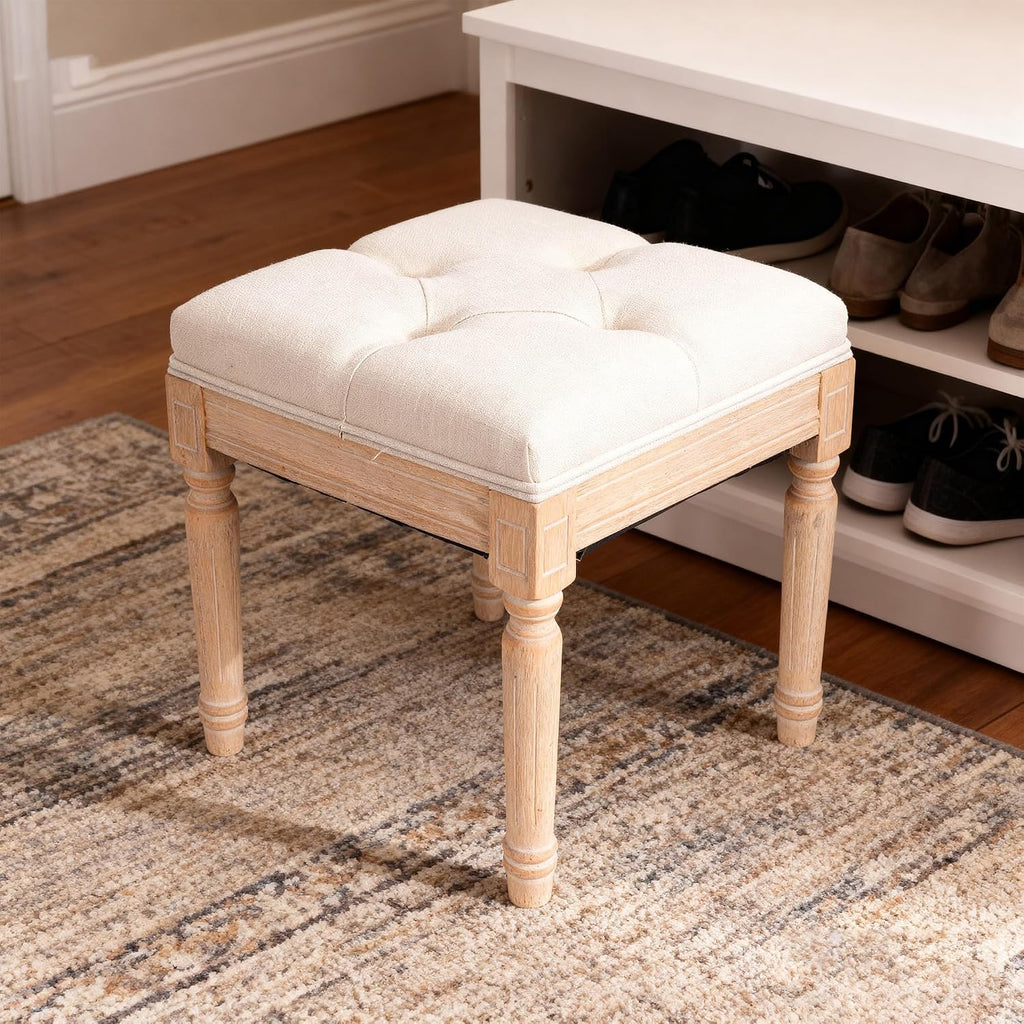 Square Vanity Stool Bench, 15.7" Small Ottoman Foot Stool with Padded Button Tufted Seat, Upholstered Ottoman Bench Chair for Makeup Room, Living Room, Bedroom, Piano, Foot Rest, Beige