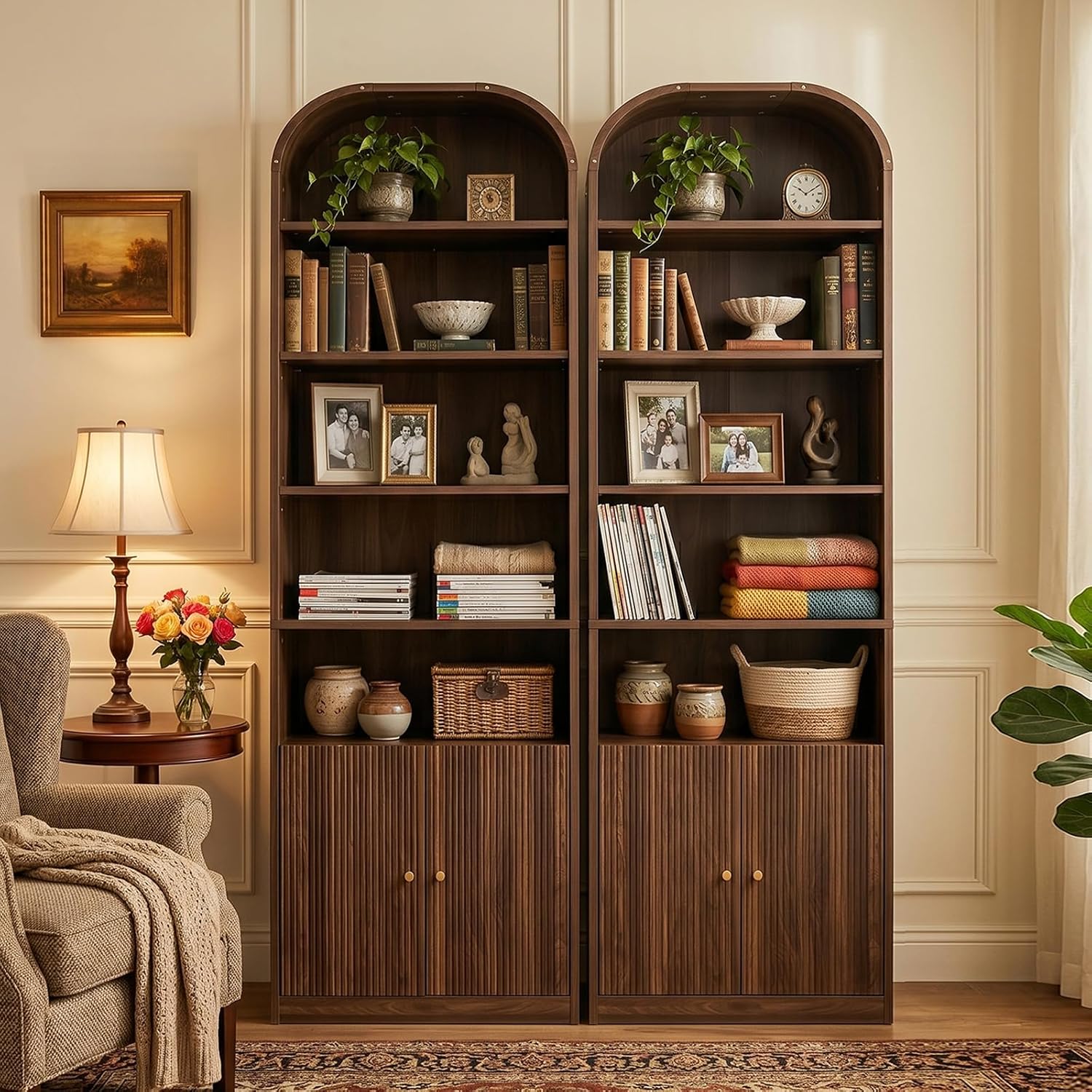 71" Tall Arched Bookshelf with Door, 7 Tiers Arched Bookcase with Storage, Adjustable Book Shelves for Living Room, Kitchen, Home Office, Walnut
