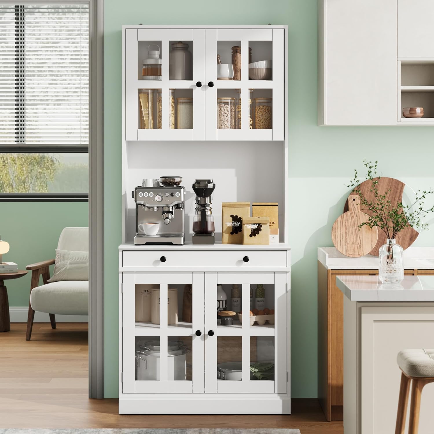 Garvee 72 Inch Kitchen Pantry Cabinet with Glass Doors, Drawer and Adjustable Shelves, Farmhouse Tall Storage Cabinet with Open Countertop, Coffee Bar Cabinet for Coffee Corner, White | Adjustable Shelves, Open Countertop, Perfect as Coffee Bar Cabinet