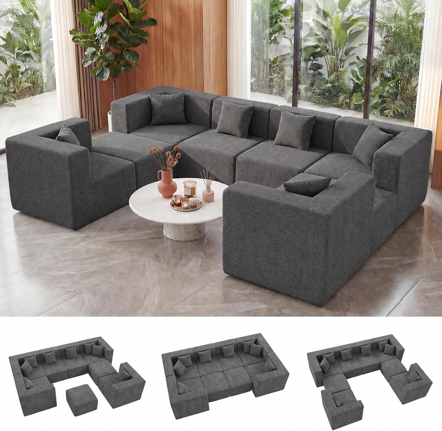 MONVANE Oversized Sectional Couch 08-Seat, Chenille, Gray | Sectional Couch for Living Room, Modular Cloud Sofa with Ottoman & 8 Throw Pillows, No Assembly Required