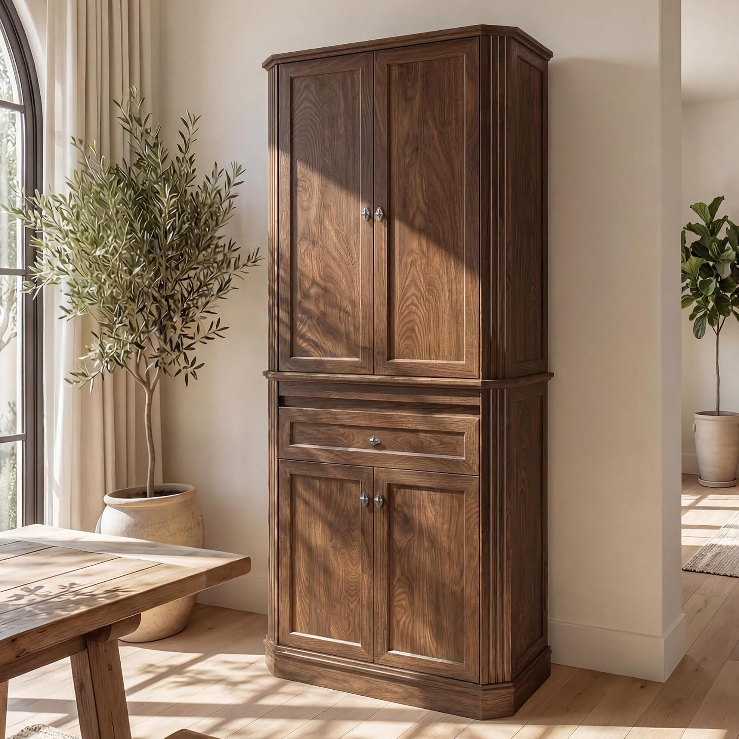 72.2" Tall Kitchen Pantry Cabinet with Doors, Farmhouse Storage Cabinet with Charging Station & LED Light, Drawer, Adjustable Shelves and Pull-Out Shelves, Walnut Wood Pantry Cupboard for Dining Room