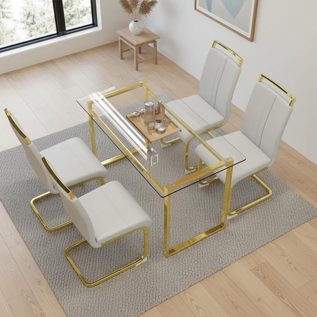 51''Glass Dining Table, Modern Rectangle Kitchen Table with Tempered Glass Tabletop and Metal Leg for 4, Writing Table Desk, for Kitchen Dining Living Room (Golden)