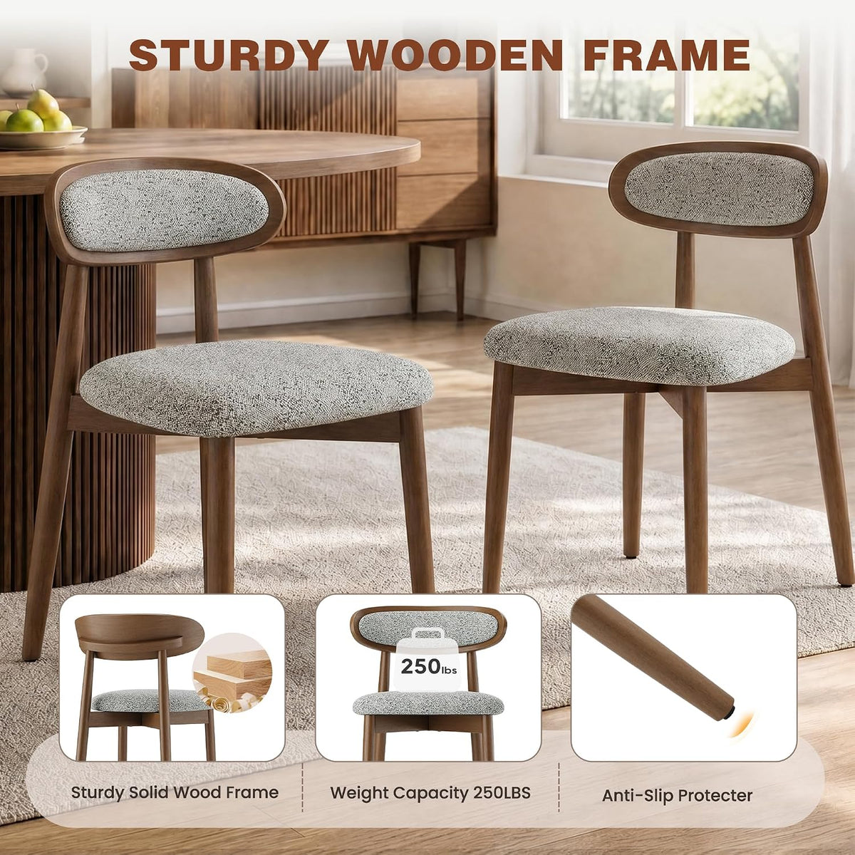 Dining Chairs Set of 4, Upholstered Farmhouse Dining Room Chairs with Soild Wood Legs, Modern Fabric Kitchen Chairs with Ergonomic Curved Backrest, Gray