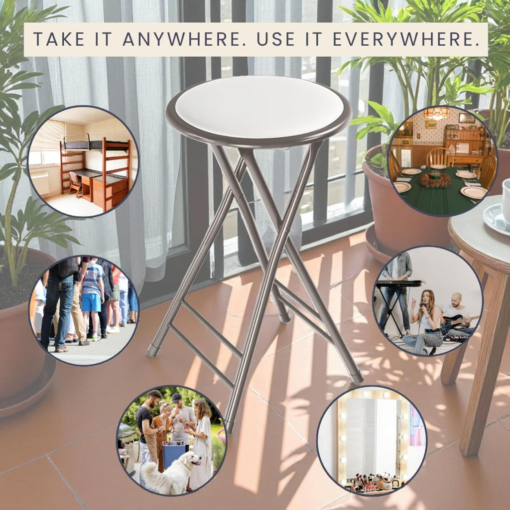 Lavish Home Folding Stool with Padded Backless Seat Set of 2, White, 24” | Counter Height Bar Stools with 225lb Capacity, Portable Indoor & Outdoor, Extra Seat for Kitchen, Rec Room or Camping
