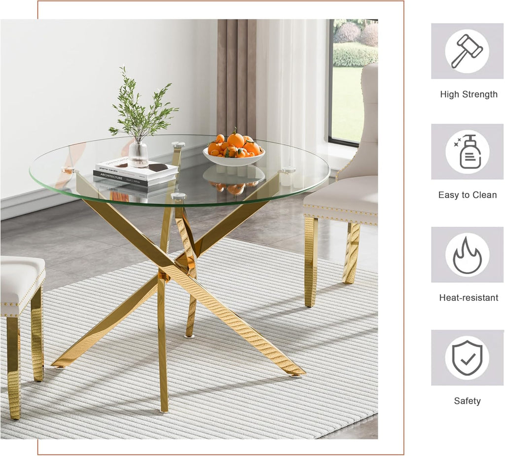 47" Round Glass Dining Table for 4-6, Circle Kitchen Table with Tempered Glass Top & Gold Metal Cross Legs, Modern Glass Dinner Table for Kitchen Dining Room Small Apartment