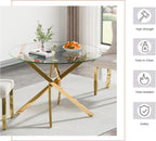 47" Round Glass Dining Table for 4-6, Circle Kitchen Table with Tempered Glass Top & Gold Metal Cross Legs, Modern Glass Dinner Table for Kitchen Dining Room Small Apartment
