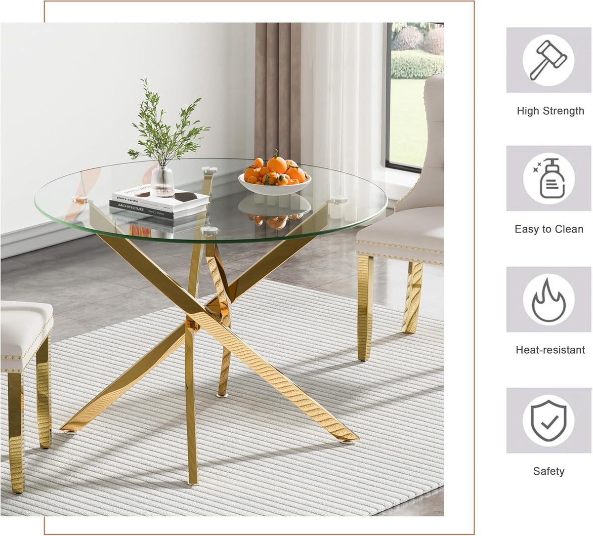 47" Round Glass Dining Table for 4-6, Circle Kitchen Table with Tempered Glass Top & Gold Metal Cross Legs, Modern Glass Dinner Table for Kitchen Dining Room Small Apartment