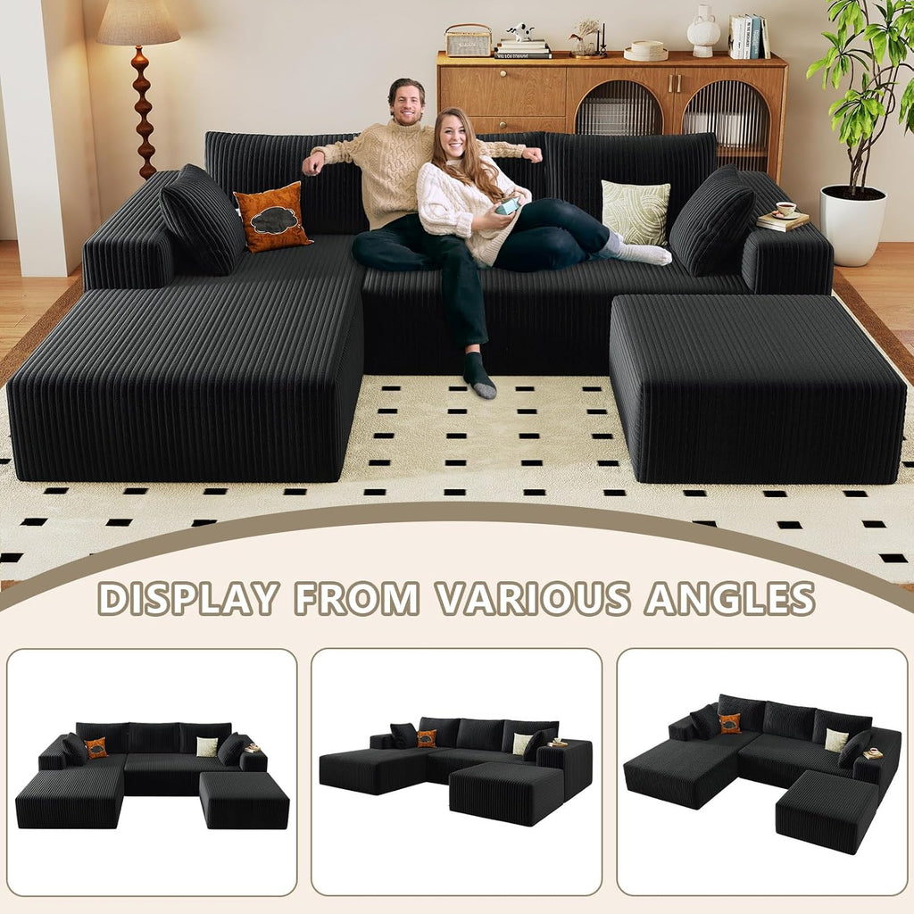 96" Cloud Sectional Couch with U-Shaped Chaise, Corduroy Sectional Sofa with Ottoman, Couch with Deep Seat in a Box for Living Room, No Assembly Required (Black, Left Facing Chaise)
