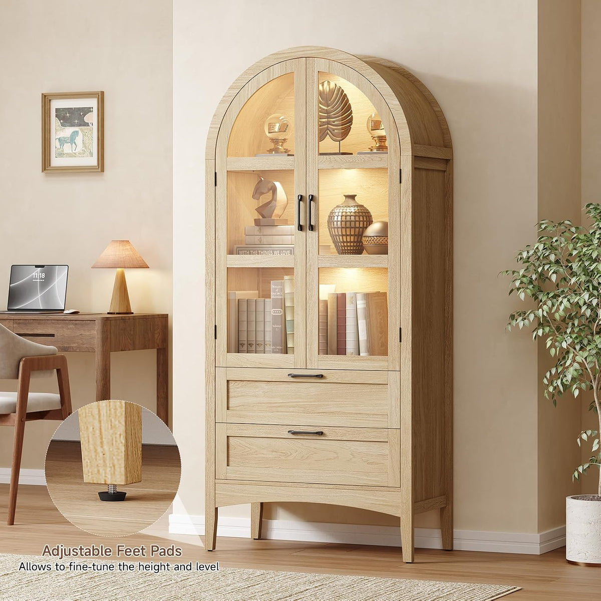 ONBRILL 71" Tall Arched Display Cabinet with LED Lights, Arched Kitchen Pantry with 2 Drawers, Modern Display Storage Cabinets with Adjustable Feet, Pantry Cabinet for Kitchen, Living/Dining Room