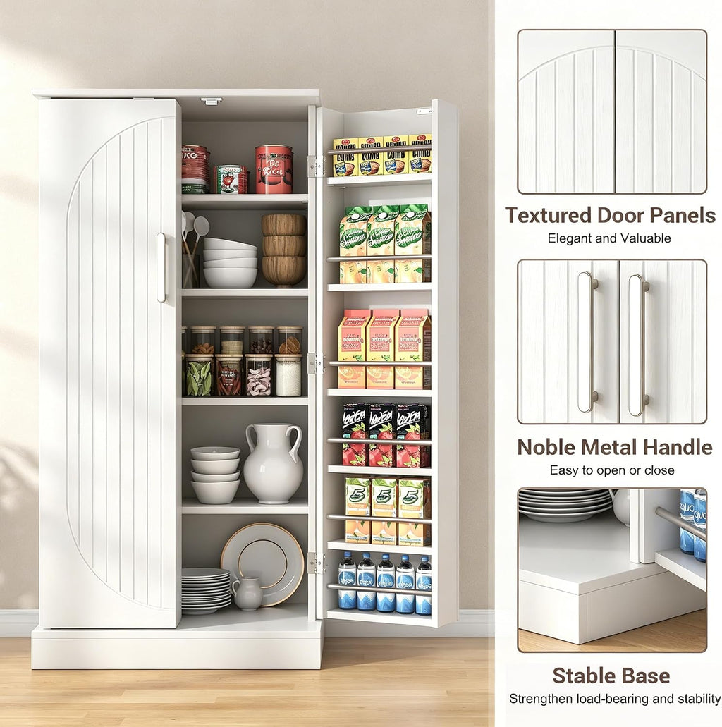 kepptory 47" Kitchen Pantry Cabinet with Doors and Adjustable Shelves, Freestanding Pantry Storage Cabinet, Farmhouse Buffet Cupboard for Kitchen, Dining Room, Living Room, White