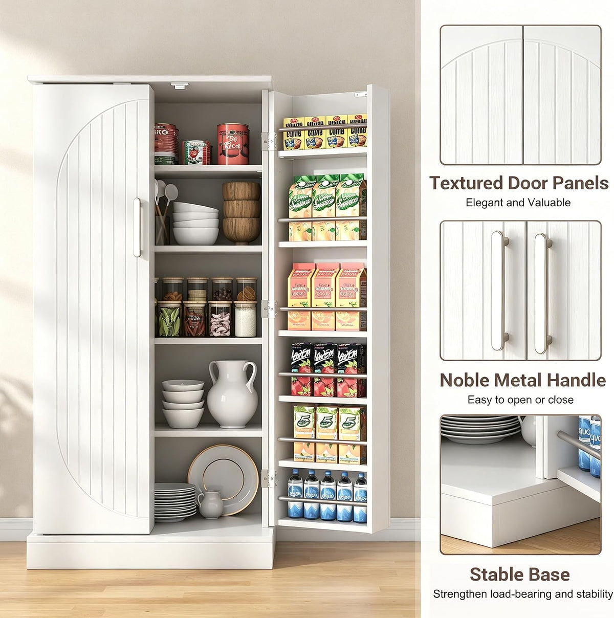 kepptory 47" Kitchen Pantry Cabinet with Doors and Adjustable Shelves, Freestanding Pantry Storage Cabinet, Farmhouse Buffet Cupboard for Kitchen, Dining Room, Living Room, White