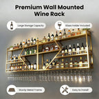 Wall Mounted Wine Rack, 71 Inch, 3-Tier Metal Bottle Shelf with Wine Glass Holder and LED Lights, Industrial Style for Home Bar, Restaurant (Gold, 71in)