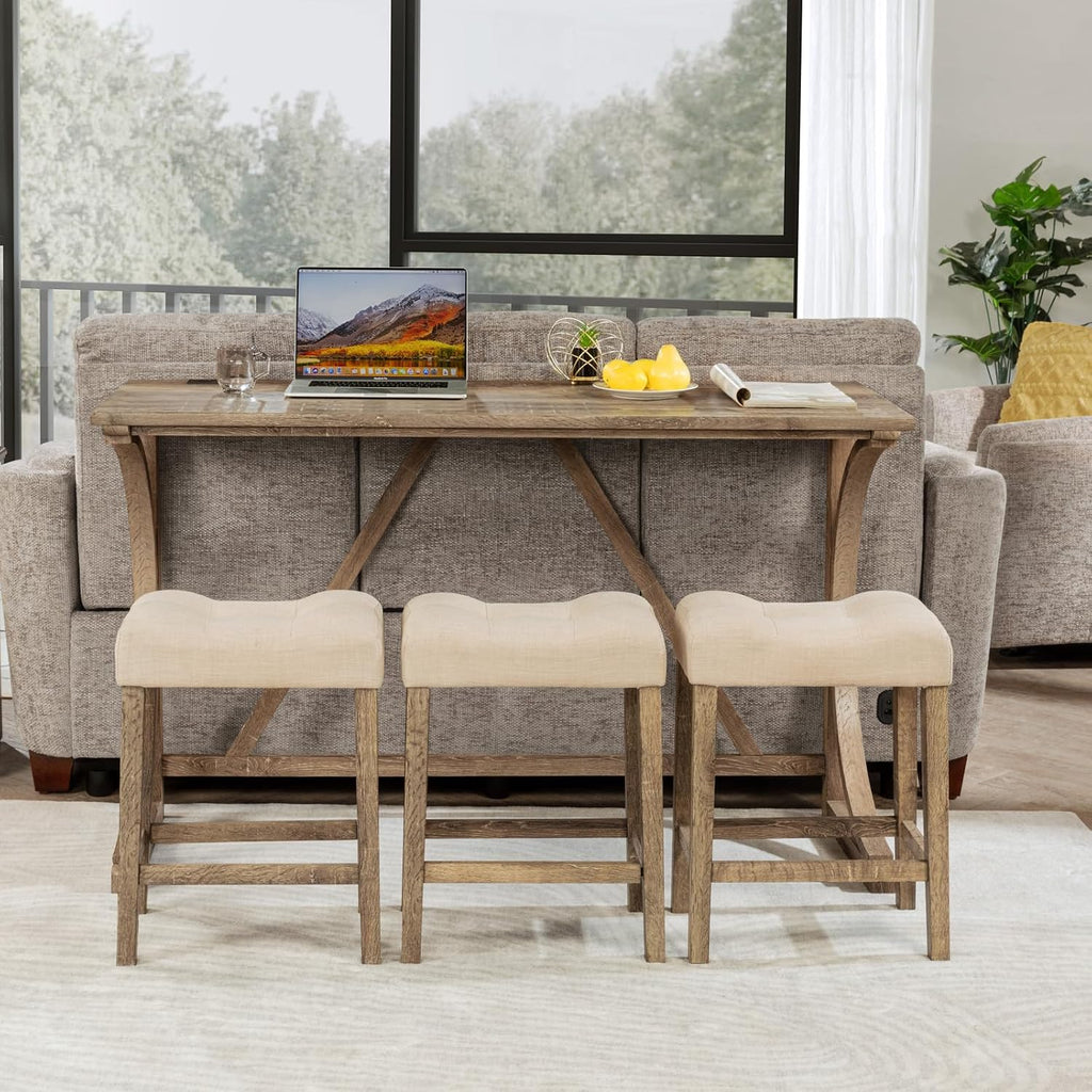 4-Piece Bar Table Set with Power Outlet, Dining Table and Chairs Set with 3 Padded Stools for Living Room/Dining Room/Game Room, Brown