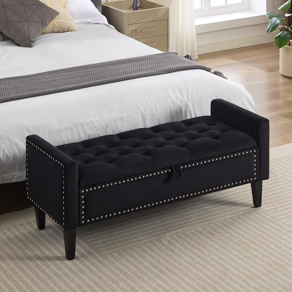 WUTUTUEE 47" Velvet Storage Bench, Upholstered Bed Bench with Storage, End of Bed Ottoman with Wooden Legs,Bedside Storage Bench for Bedroom, Living Room, or Entryway, Black