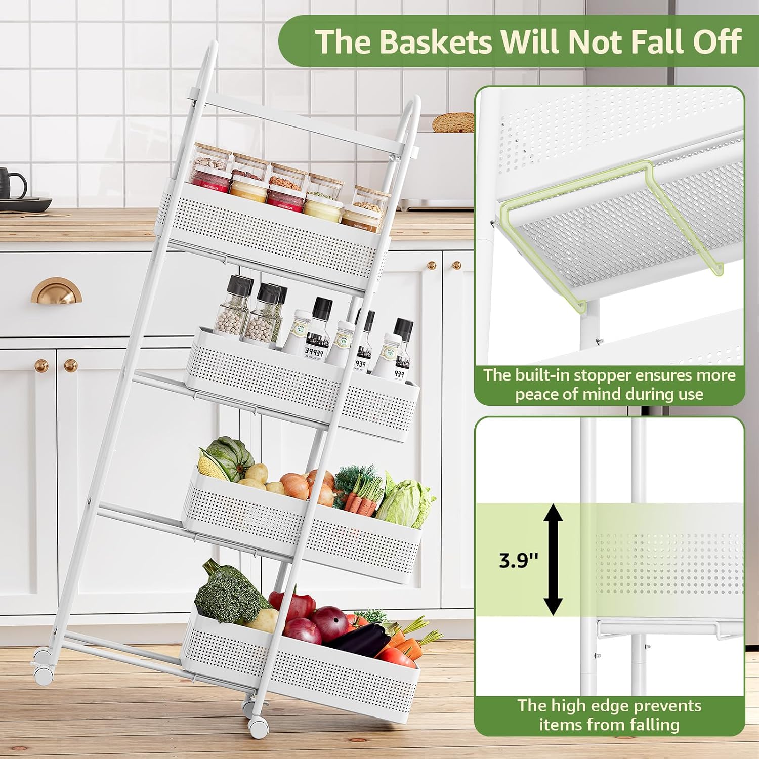 KINGRACK 5-Tier Slim Storage Cart with Pull Out Basket, Rolling Bathroom Organizer Utility, Metal Shelving Unit Slide Out, Lockable Wheels, Easy Assembly for Narrow Place, Kitchen, Laundry Room, White