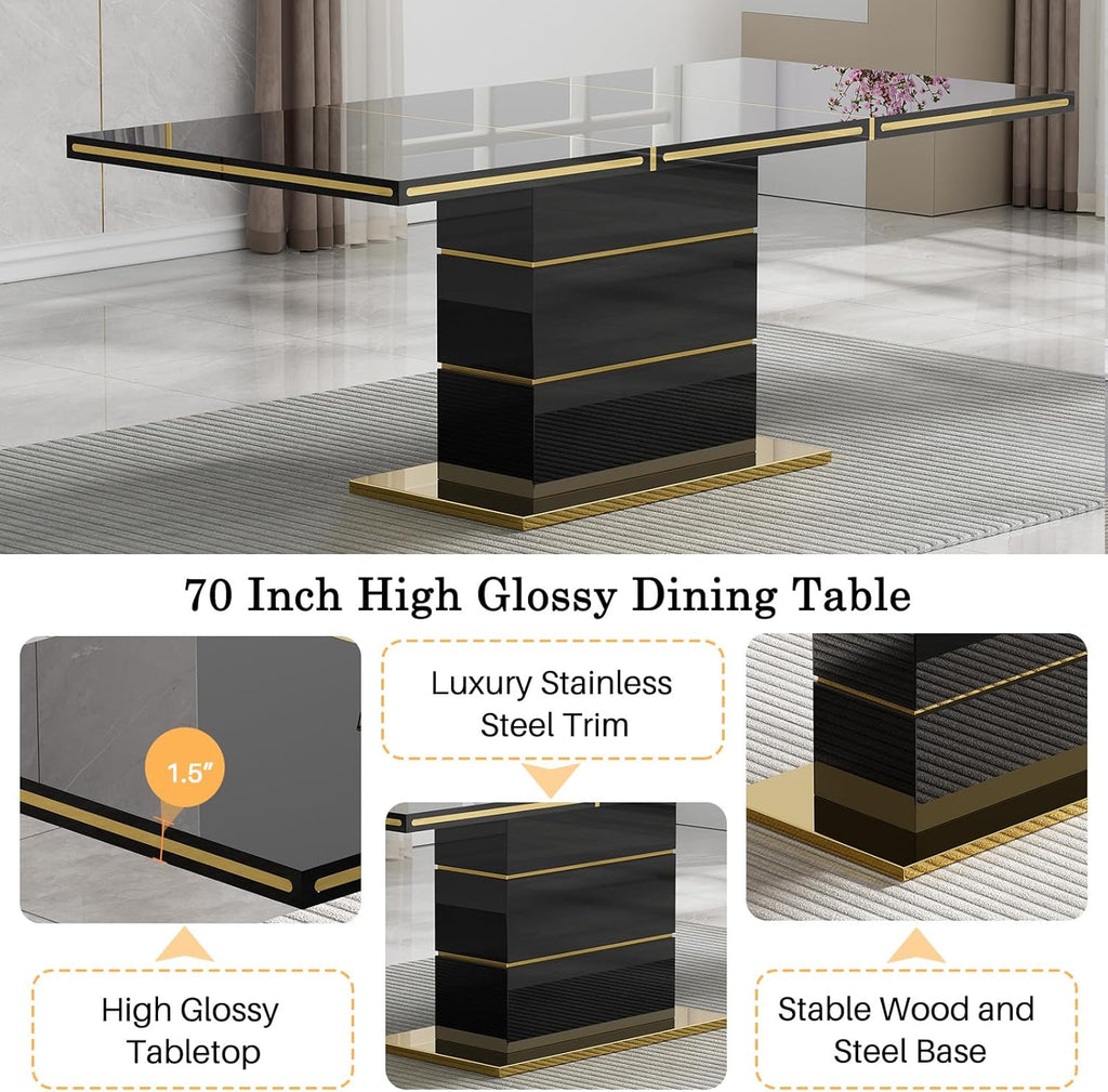 Henf 70" Black Dining Table for 4 6, Modern Glossy Kitchen Table with 1.5" Thick Lacquered Tabletop and Gold Stainless Steel Trim, Luxury Rectangular Dinner Tables for Dining Room
