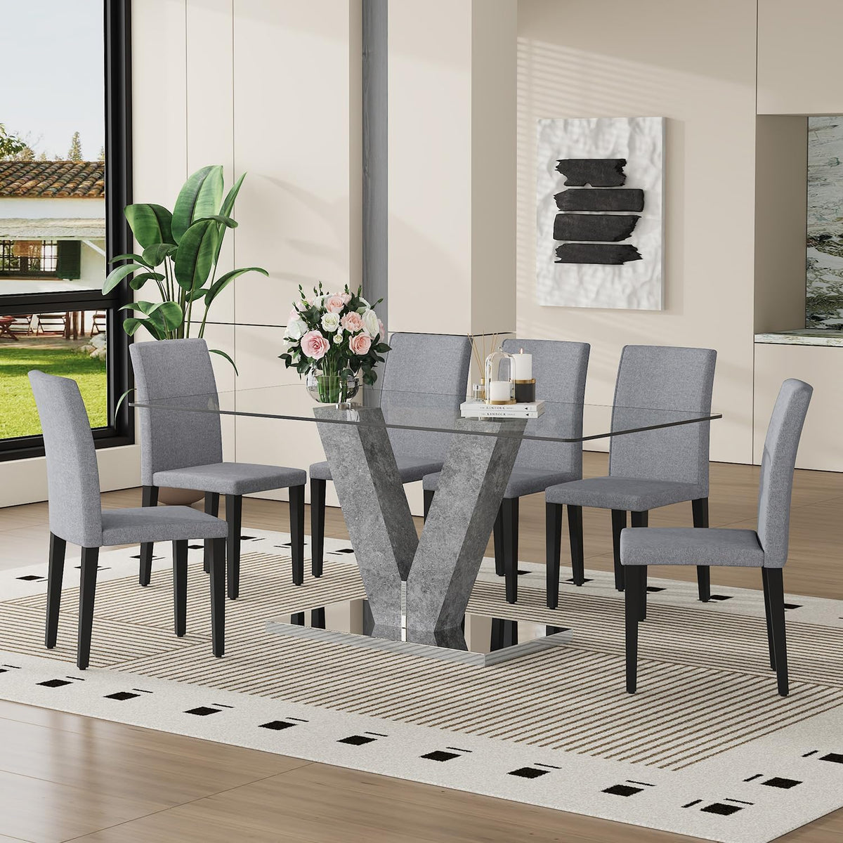 71" Glass Dining Table Set for 6, 7-Piece Glass Dining Table Set with Chairs & Rounded-Corner Tempered Glasss Tabletop, Kitchen Table Set for 6 Ideal for Kitchen Dining Room