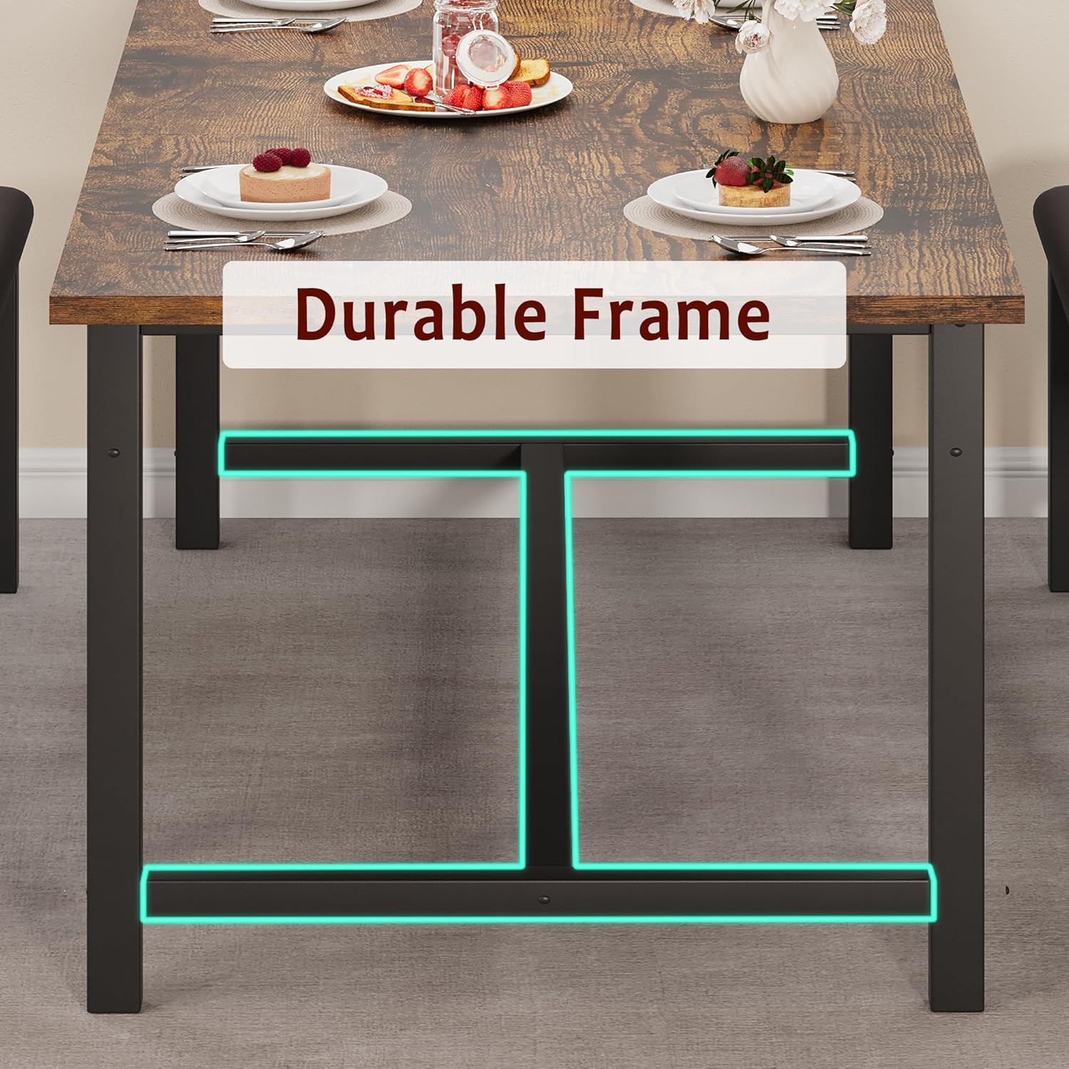 IDEALHOUSE 3 Piece Dining Table Set for 4-6, 63" Extendable Thick Metal Frame Kitchen Table with 2 Upholstered Benches Set for 6, Rectangle Wooden Dinette Table Set for Dining, Apartment, Retro Brown