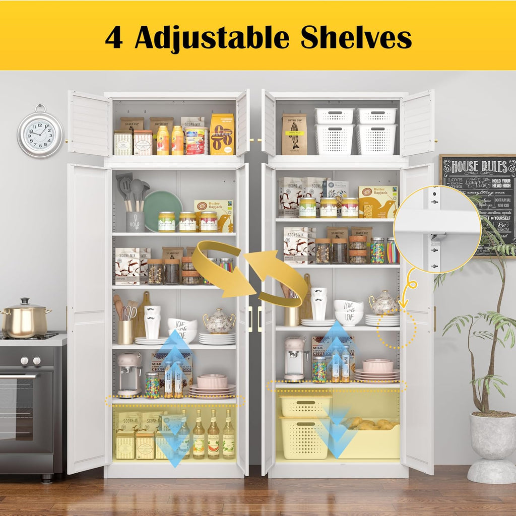 SteeLoong 86“ Kitchen Pantry Cabinet,Metal Storage Cabinets with Doors and 4 Adjustable Shelves,White Kitchen Cabinet with 4 Gold Handles,Tall Cabinet for Livingroom,Pantry, Bathroom