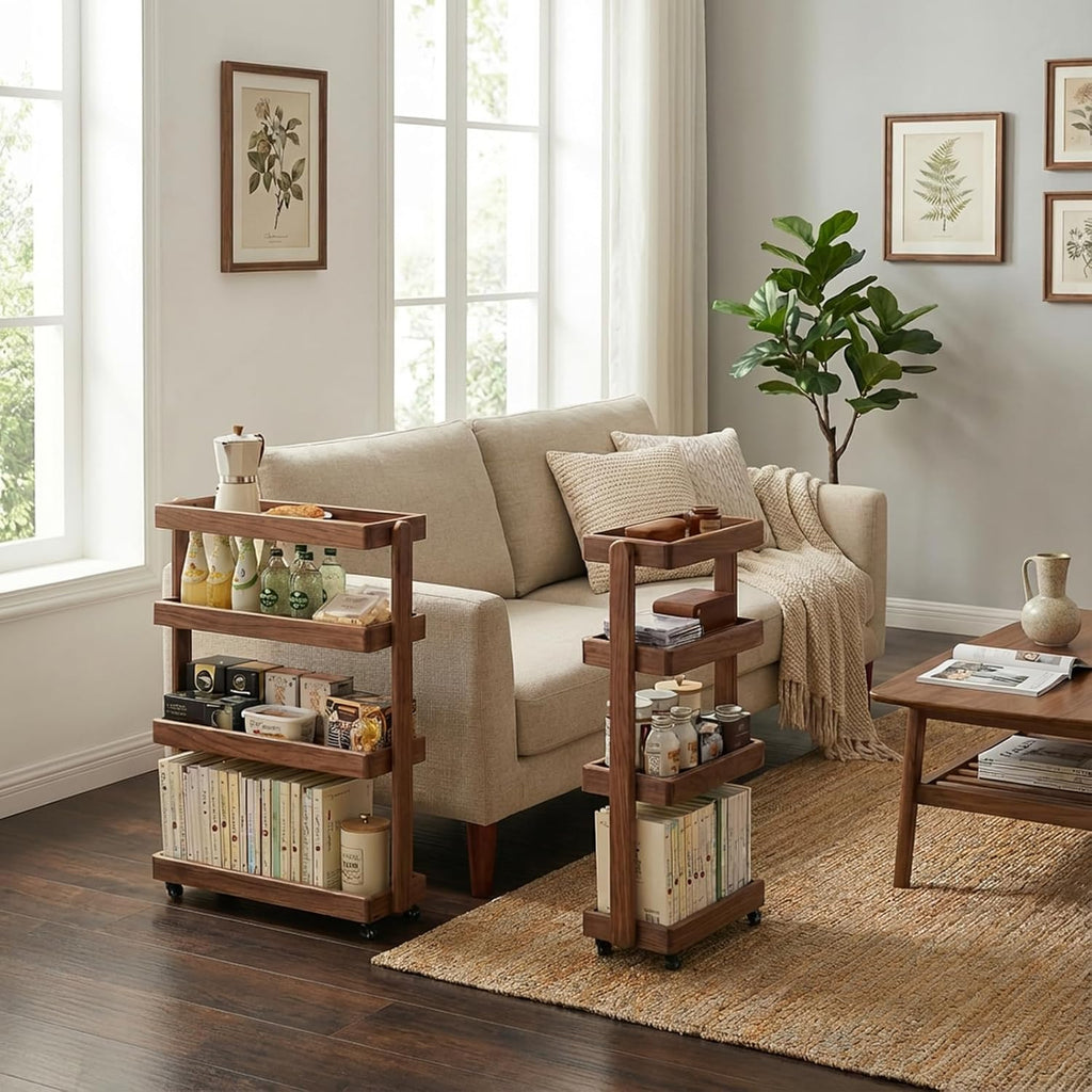 Small Narrow Side Table with Wheels, Skinny End Table for Small Spaces, 4 Tier Side Table for Living Room Bedroom(Walnut, 7.87" D x 15.75" W x 31.89" H)