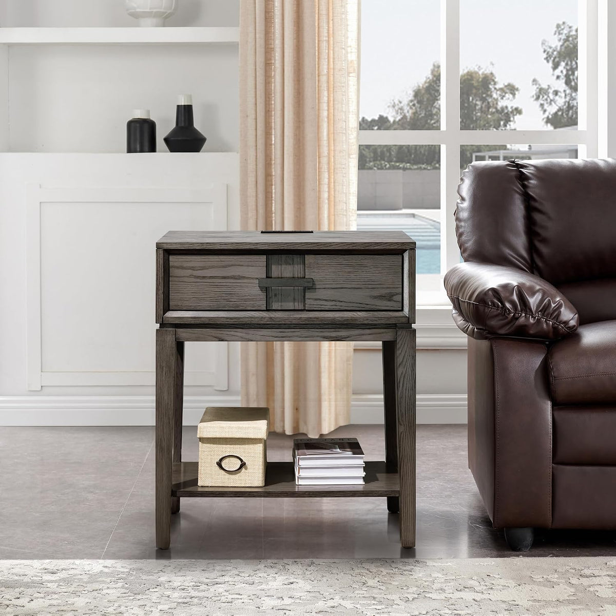 Leick Home Oak Recessed Drawer Side Table with A/C and USB Charger in Smoke Gray, 9074