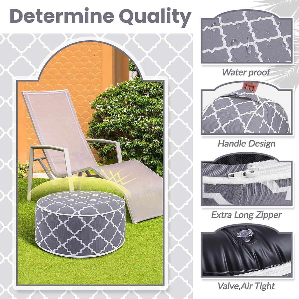 Juexica 2 Pack Inflatable Outdoor Ottoman Pouf Waterproof Round Footrest with Handle D21 x H9 Inch Indoor Outdoor Portable Footstool Pouf for Patio Garden Camping or Home Pool(Classic)