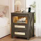 Farmhouse Night Stand with Gun Drawer, Bedside Table with Charger Station, LED Nightstand with Human Sensor Light, Smart End Table for Bedroom Livingroom, Rustic