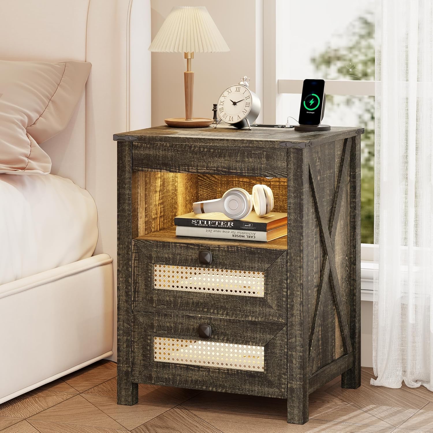 Farmhouse Night Stand with Gun Drawer, Bedside Table with Charger Station, LED Nightstand with Human Sensor Light, Smart End Table for Bedroom Livingroom, Rustic