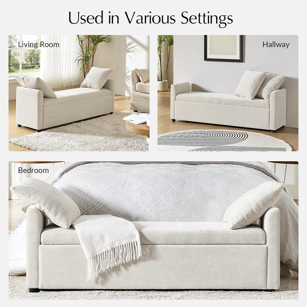59.5" Modern Storage Ottoman Bedroom Bench, End of Bed Bench with Arms and Throw Pillows, Footrest Stool for Living Room, Dining Room, Entryway and Hallway, Linen