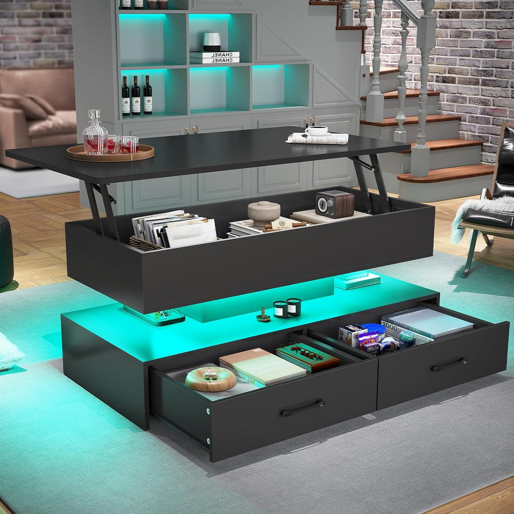 SEDETA 40" Lift Top Coffee Table, Coffee Tables with Storage for Living Room, Small Coffee Table with 2 Drawers & LED Light for Dining Reception Room, Black