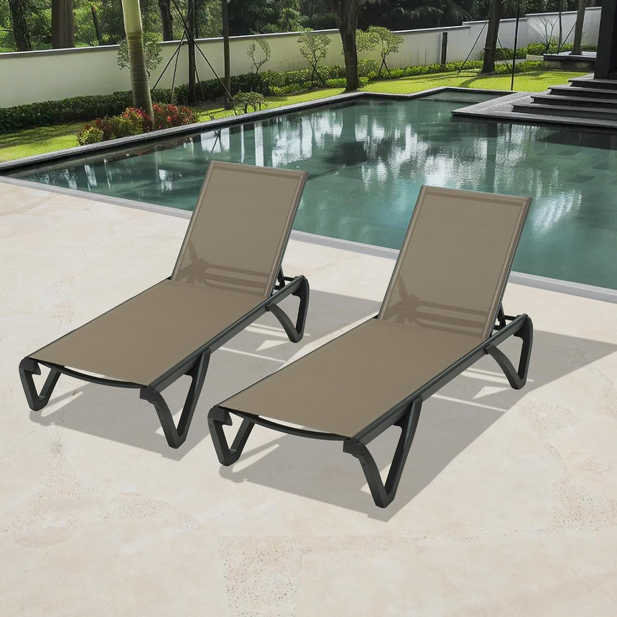 Domi Pool Lounge Chairs Set of 2, Aluminum Patio Chaise Lounge with Wheels, 5 Position Adjustable, All Weather Outdoor Lounge Chairs for Beach, Yard, Balcony, Poolside, Khaki