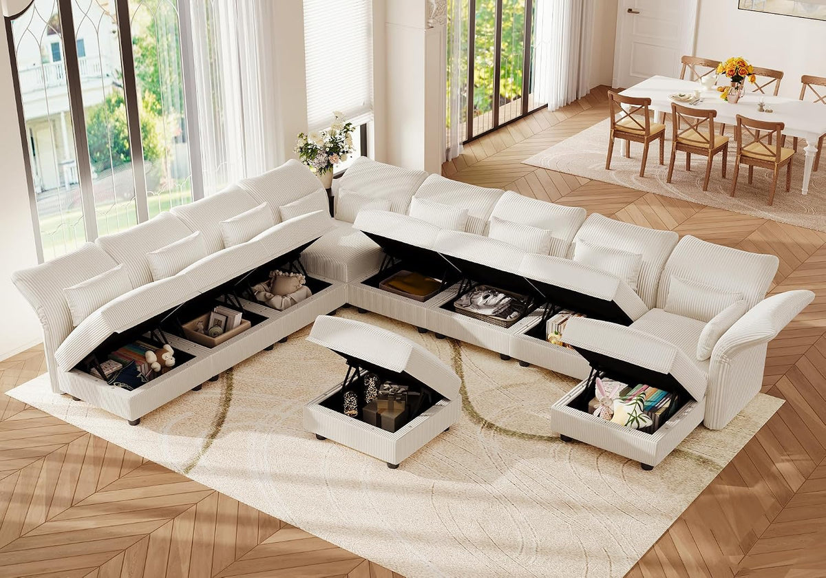LLappuil 10 Seater Sectional Sofa with Storage, Large U Shaped Modular Sectional Couches for Living Room with Adjustable Arms Backs, Plush Supportive Cushions, 10 Seater, Beige Corduroy | Tool Free Assembly