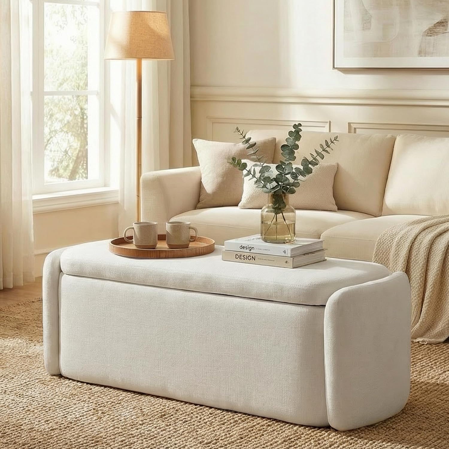 VKNOW Storage Bench, Upholstered Storage Ottoman Bench with Hinge, Cream | Ottoman Bench with Large Capacity, Curved Frame, Soft Fabric, Storage Bench for Bedroom, Living Room, Entryway
