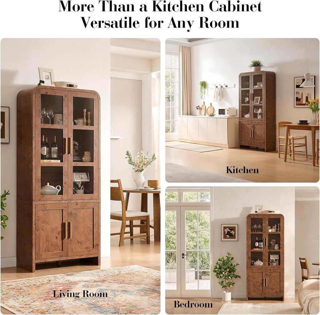 77" Tall Kitchen Pantry Cabinet,Thickened Panel,Dark Burl,1Pcs | Wooden Curved Storage Cabinets with Adjustable Shelf, Cupboard with Glass Door for Dining Room, Living Room, Bathroom