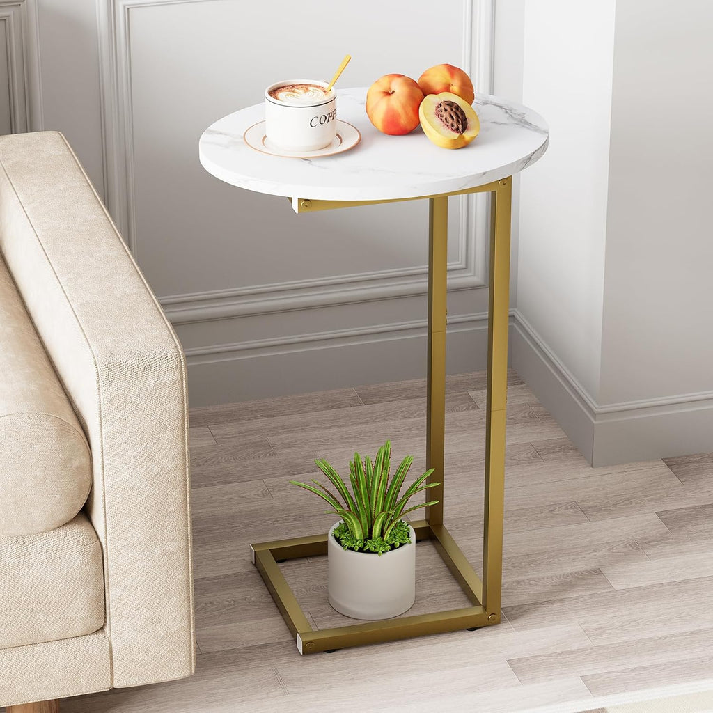 C Shaped End Table, Oval Couch Side Tables for Living Room, Sofa End Table with Metal Frame, Small Wooden Snack Table for Bedroom, Small Spaces, Easy Assembly, Gold
