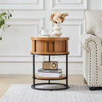 Turtle&Myrtle Small Round Side Table with Storage, 2-Tier Wooden End Table with Sliding Door and Shelf, Mid-Century Circle Nightstand for Living Room, Bedroom, Walnut, 2PC