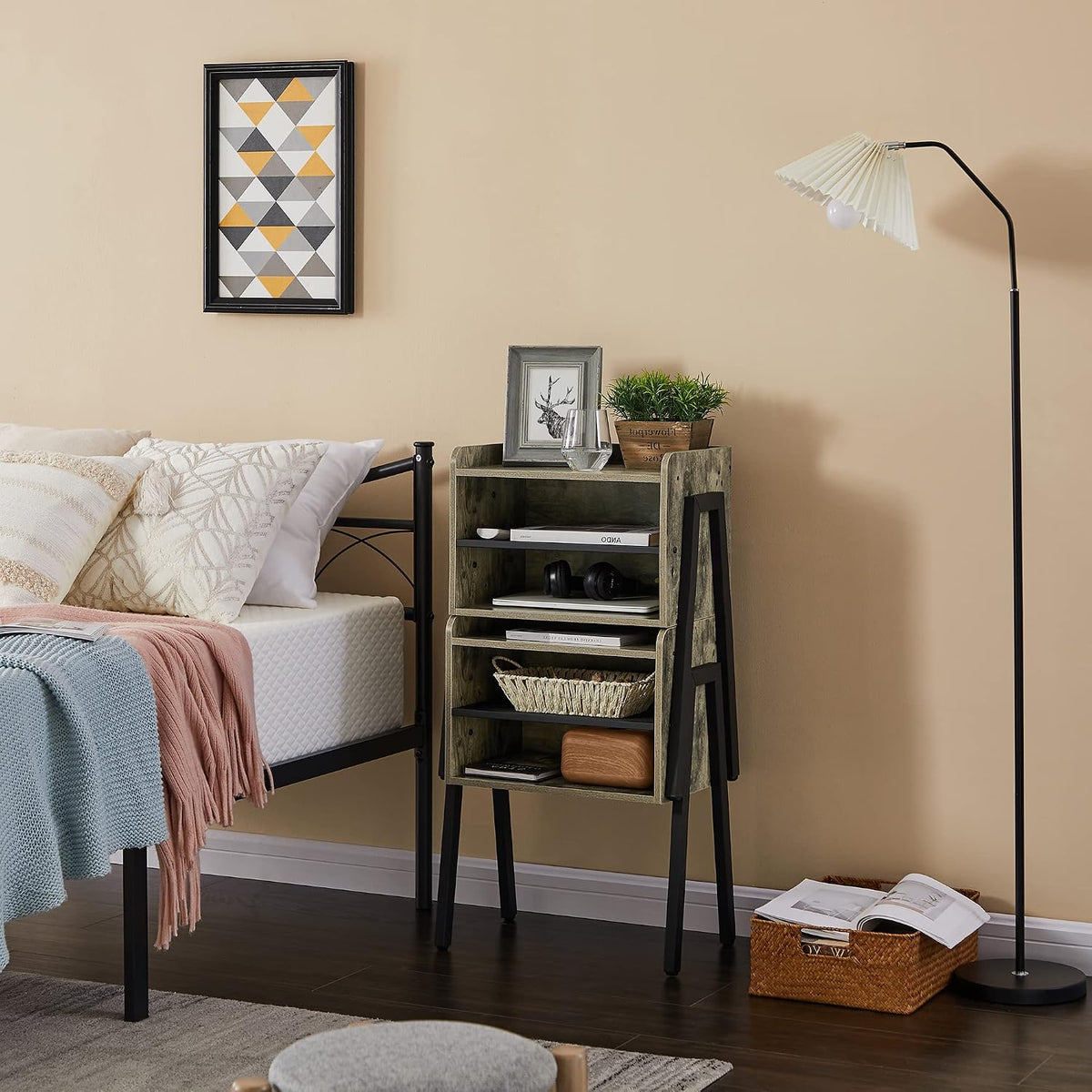 VECELO Night Stand Industrial End Table,Stackable Accent Furniture Bedside Table with 2-Tier Open Storage Space Side Table Nightstands for Bedroom, Living Room