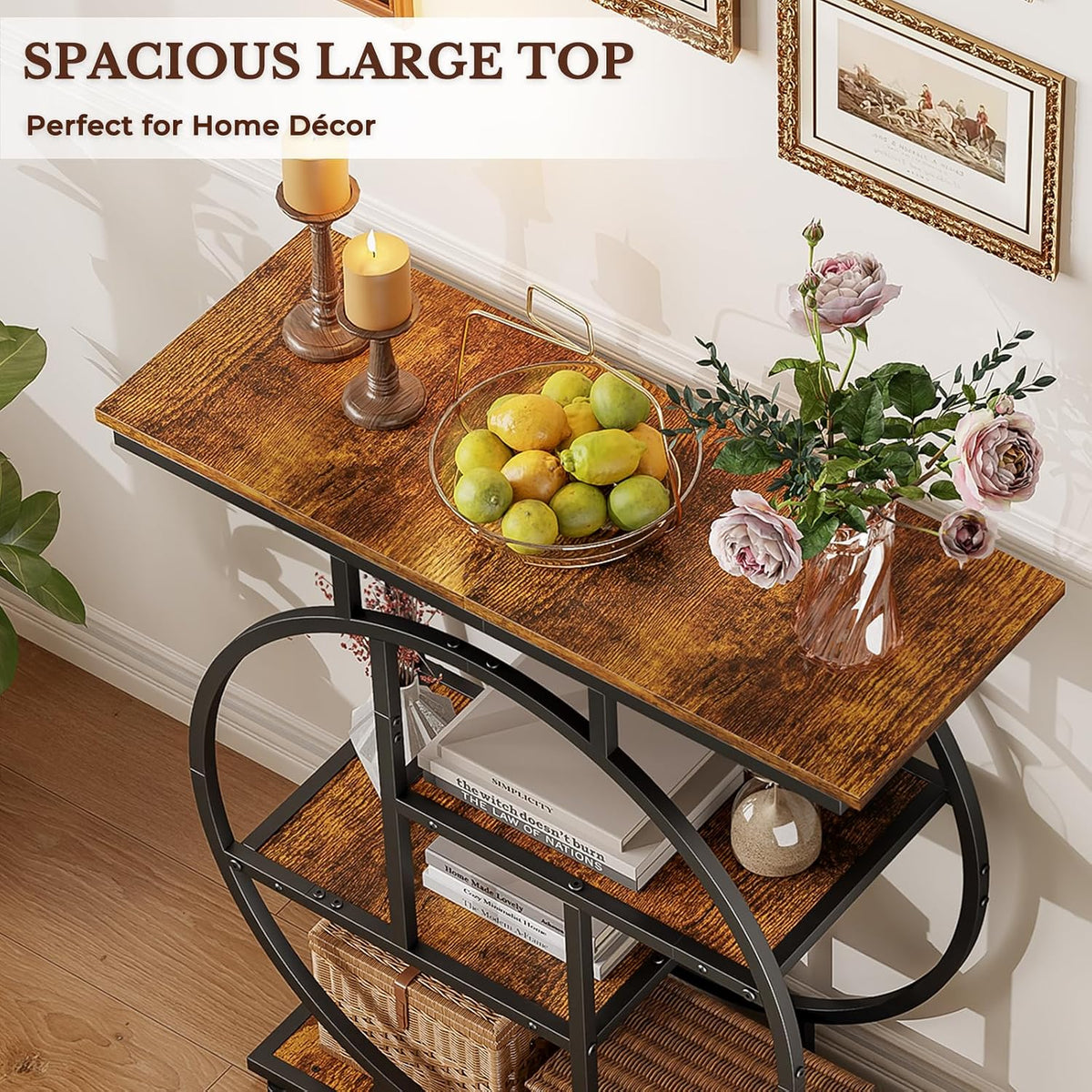 Cottage Charm Entryway Console Table, 31.5" Sofa Table Behind Couch with Curved Metal Frame and Wood Shelves, Decorative Console Table for Living Room, Hallway, Foyer, Rustic Brown