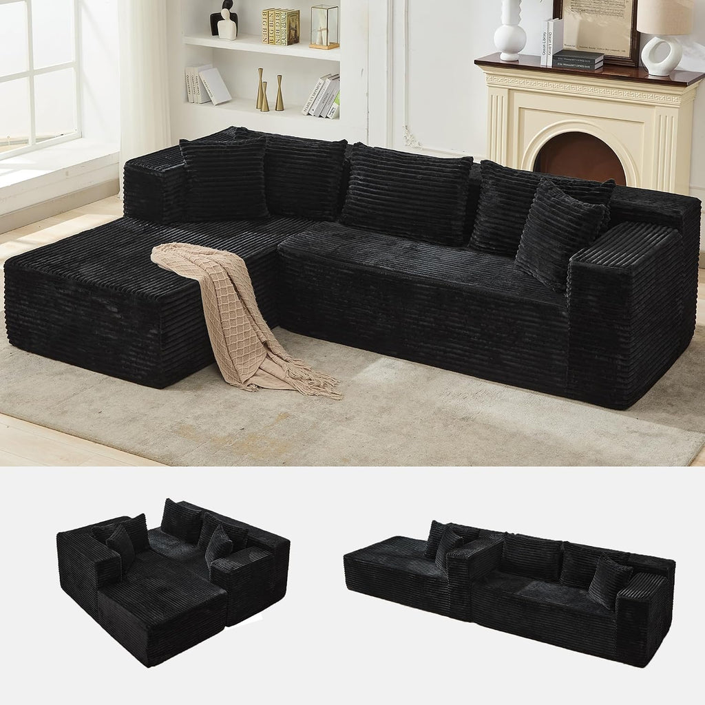 106" L Shaped Modular Cloud Sectional Sofa with Cushions, Black | 4-in-1 DIY Combination, Ultra-Wide Corduroy Fabric, No Assembly Required, Right Hand Facing Couch for Living Room