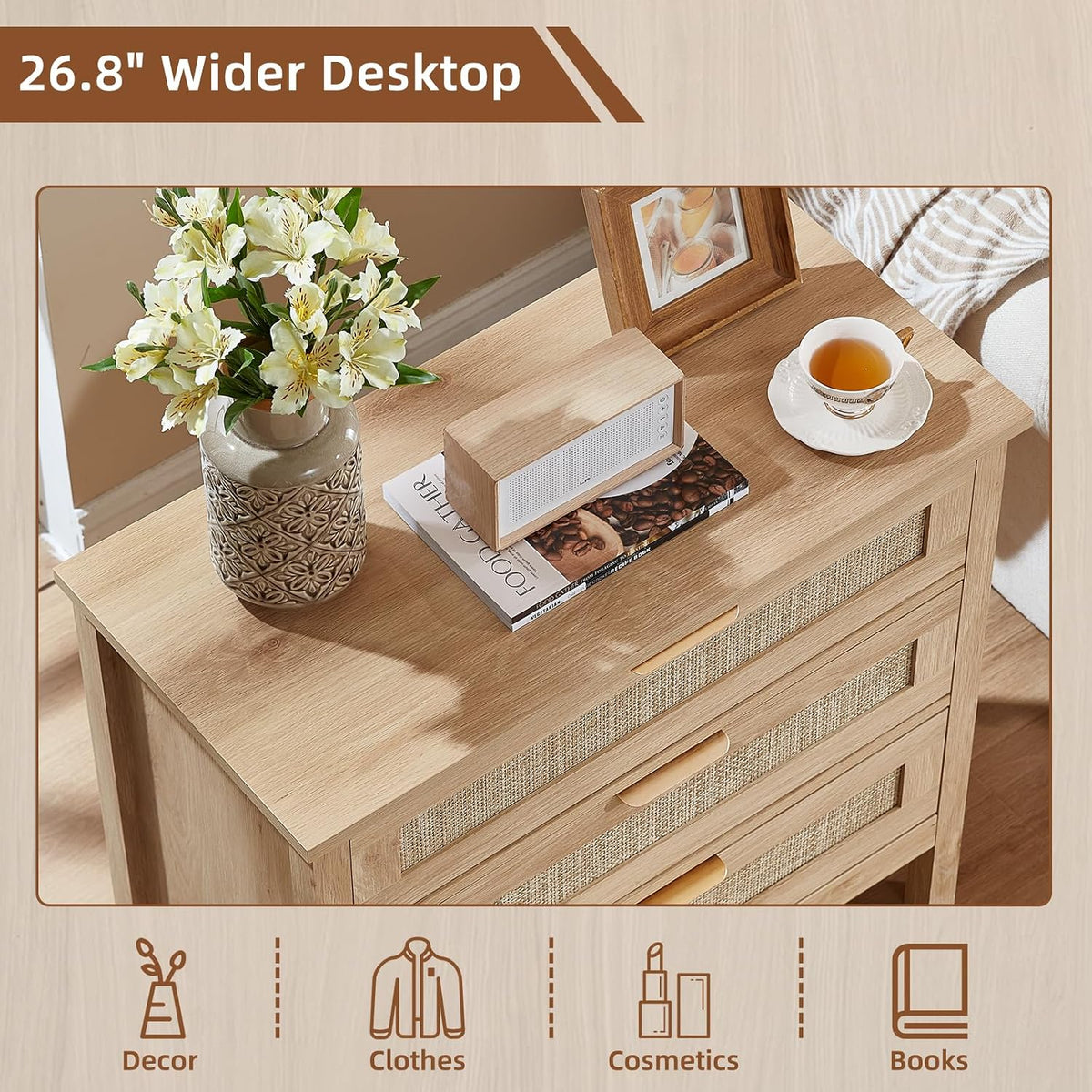 LEYAOYAO 31.5" Wide Rattan Nightstands Set of 2, Large Boho Night Stand | 3 Drawer Bedside Table with Storage, Tall Bed Side End Tables for Bedroom, Living Room, Hallway (Natural)